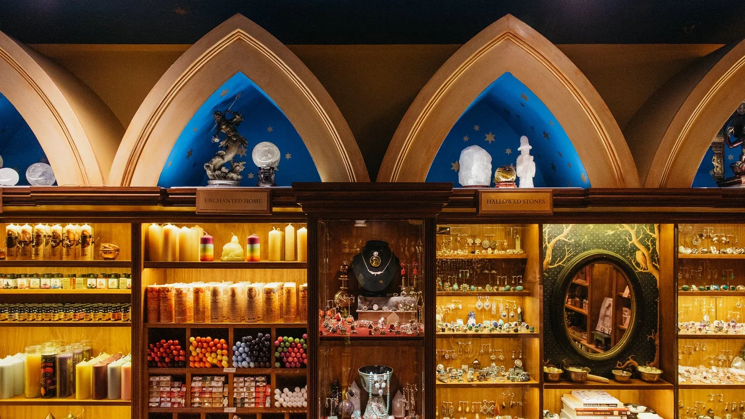 Warmly lit shelves and pointed details inside the shop.