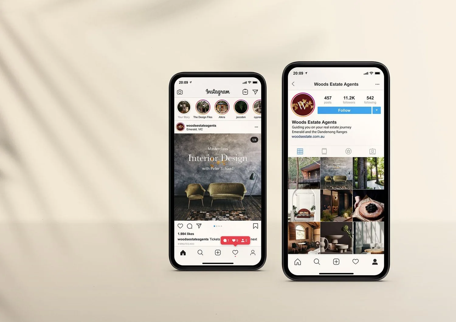 Woods identity and imagery presented on phone screens.